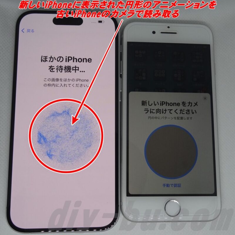 新しいiPhoneに表示された円形のアニメーションを古いiPhoneのカメラで読み取る