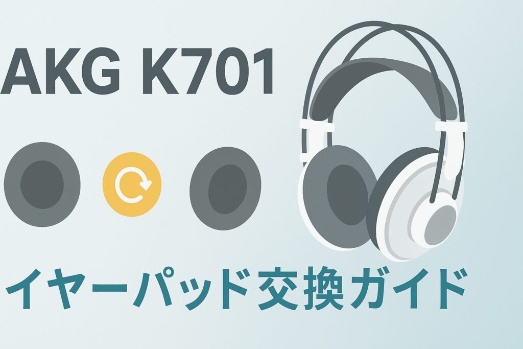 AKG K701のイヤーパッド交換手順を解説するイラスト。古いイヤーパッド付きのAKG K701ヘッドホンと新しいイヤーパッドが並んでいる。