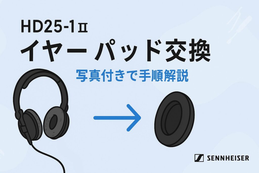 SENNHEISER HD25-1Ⅱのイヤーパッド交換手順を解説するイラスト。古いイヤーパッド付きのHD25ヘッドホンと新しいイヤーパッドが並んでいる。