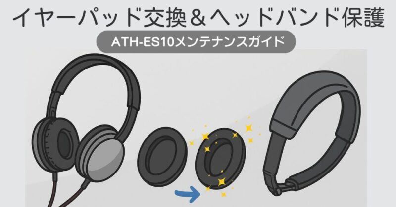 ATH-ES10のイヤーパッド交換手順とヘッドバンドカバーの装着手順を解説するイラスト。ヘッドホン本体と新旧イヤーパッド、ヘッドバンドカバーの装着後の画像が並んでいる