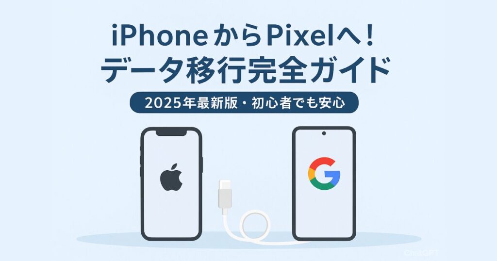 iPhoneとPixelが机の上でケーブル接続され「iPhoneからPixelへ！データ移行完全ガイド」と書かれた画像