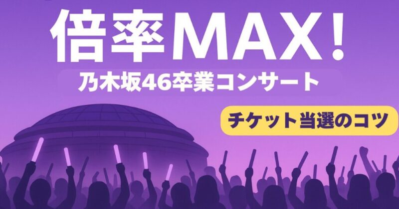 東京ドームを背景に、紫と白のライトで彩られた乃木坂46の卒業コンサート。観客がペンライトを振り、スポットライトに照らされるステージの様子を描いたイラスト