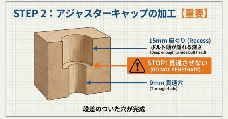 座ぐり15mm＋貫通9mmが分かる断面図（段付き穴）