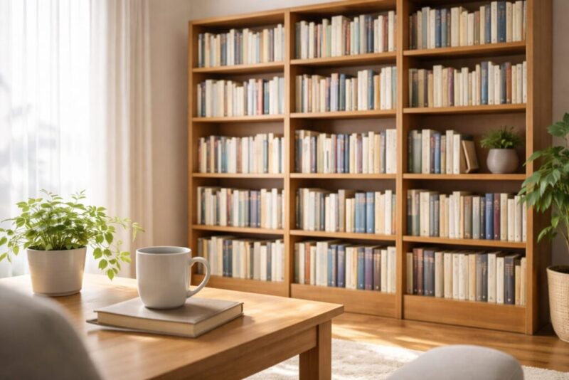 明るい自然光の部屋にある木製本棚と整然と並んだ未読本、コーヒーと観葉植物のある落ち着いた空間