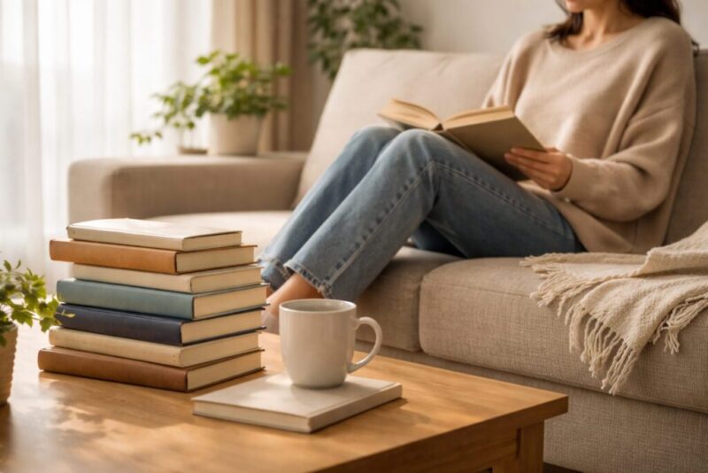 自然光の差し込むソファでくつろぐ人と積み重ねられた本、あたたかい色味の読書空間