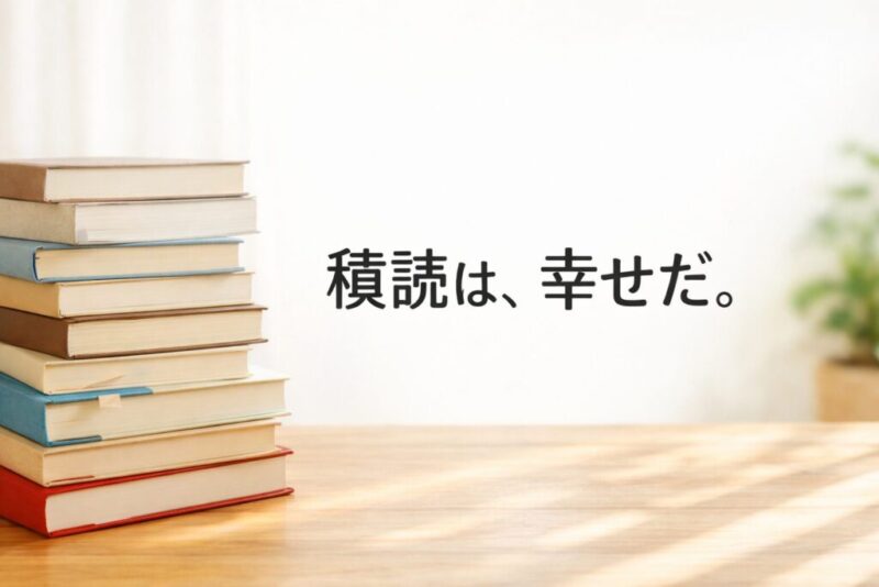 柔らかい自然光の中で積み上がった本と白い背景、積読を肯定するイメージ写真