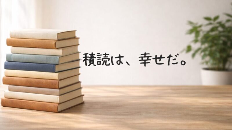 柔らかい自然光の中で積み上がった本と白い背景、積読を肯定するイメージ写真