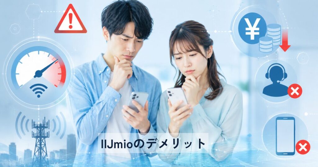 IIJmioのデメリットを比較検討しながらスマホを見る男女