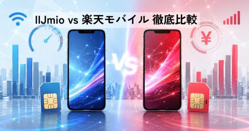 IIJmioと楽天モバイルの通信速度や料金を比較するイメージ画像