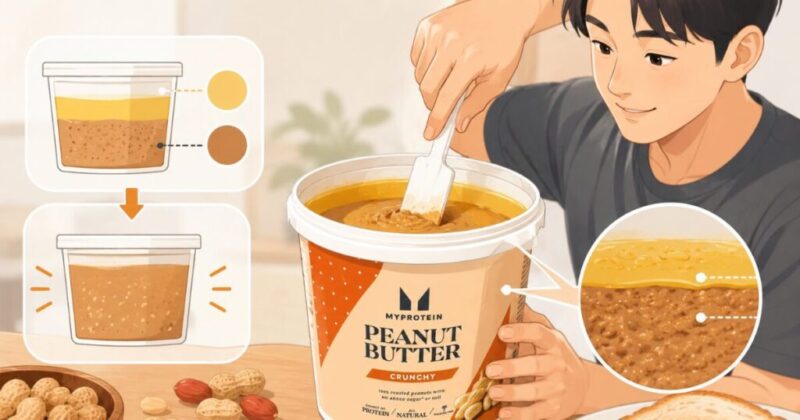 天然ピーナッツバターの油分が分離し、スパチュラで混ぜている様子を表したイラスト