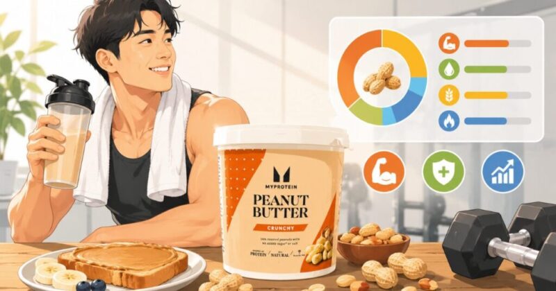 マイプロテインピーナッツバターとダンベル、プロテインシェイクを組み合わせた高タンパク食品のイラスト