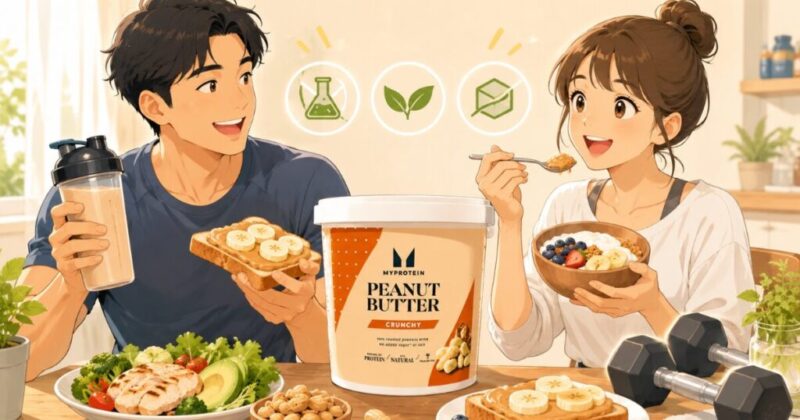 マイプロテインピーナッツバターを利用して満足している男女を描いたイラスト