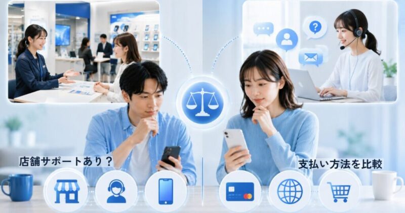格安SIMのサポート体制や支払い方法を比較しているイメージ