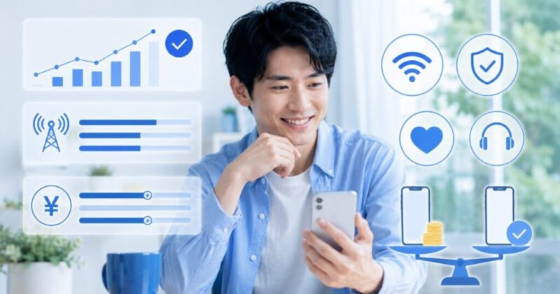 UQモバイルのメリットとデメリットを比較して納得しているイメージ