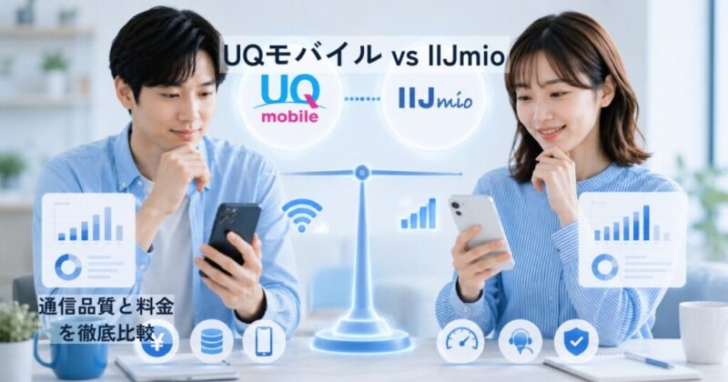 UQモバイルとIIJmioの料金や通信品質を比較している男女のイメージ