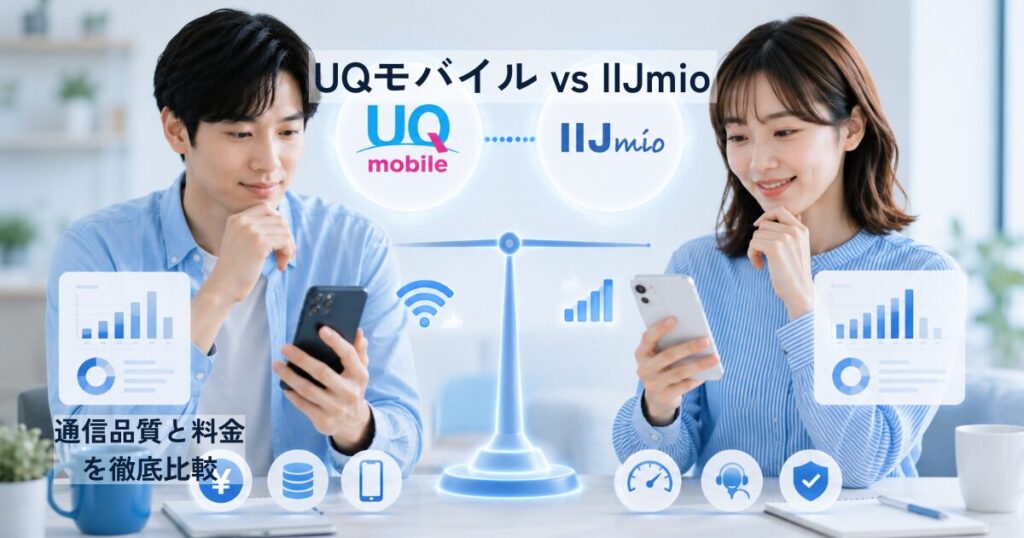 UQモバイルとIIJmioの料金や通信品質を比較している男女のイメージ