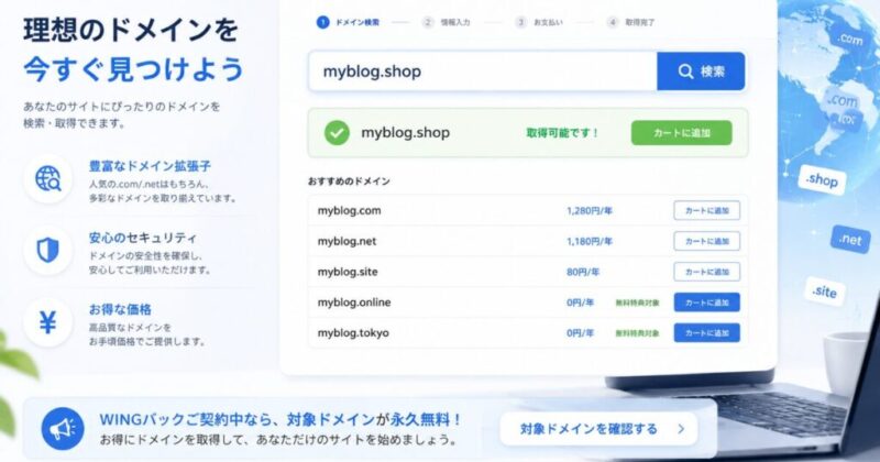 ConoHa WINGの無料独自ドメインLITEでドメインを取得するイメージ