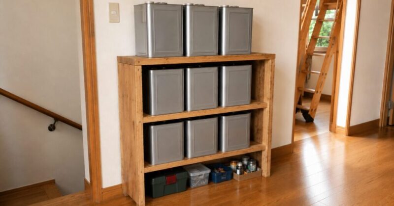 2階廊下に設置した一斗缶9個収納用DIY木製棚の完成イメージ