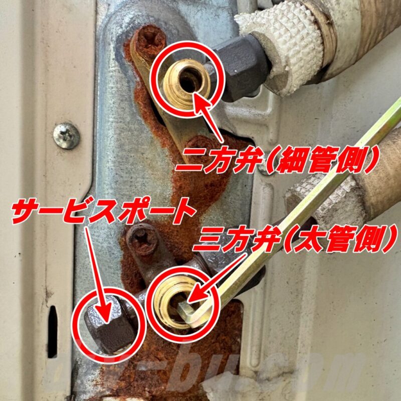 エアコン室外機の二方弁（細管側）・三方弁（太管側）・サービスポートの位置